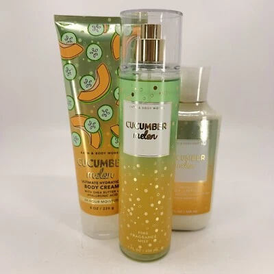 bath and body works cucumber melon mist, cream, shower gel 8 oz new!