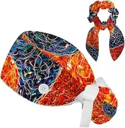 [FVQL] Set of 2 Working Hat with Hair Scrunchies, Ponytail Scrub Caps Women, Yin Yang Pattern Floral