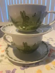 2 Peter Rabbit Tea Cup & Saucer Set Beatrix Potter Bunny Green Ceramic NEW