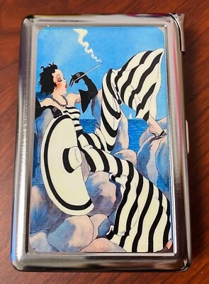 Vintage Smoking Woman C1 Cigarette Case with Built in Lighter Metal Wallet