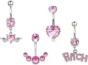 [Kysin Chiys] 4 Pcs Set Dangle Belly Button Rings Piercing Jewelry Surgical Stainless Steel Dangling Crystal Belly Ring Pack with Heart Bow Elements for Women Girls