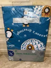 Vtg 60” Round Trim A Home Kmart Season’s Greetings Igloo Vinyl Tablecloth