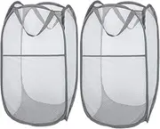 Larpur 2 Pack Popup Mesh Laundry Baskets, Collapsible and Portable Clothes Washing Laundry Hampers with Reinforced Carry Handles for Home, Travel, College Dorm 2*Grey