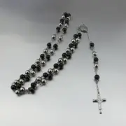 Heavy Silver Black Stainless Steel 8mm Ball Cross Rosary Necklace Chain 30''+5''