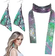 SHWING Disco Costume Accessories | Sequin Scarf and Tassel Sequin Long Drop Earrings,Party Outfit, 70s Accessories for Women Girls