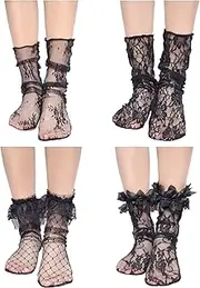 [Heliltd] 4Pcs Black Lace Socks Sheer Socks Women Ankle Slouch Mesh Socks Tulle Socks for Women, Black, One Size
