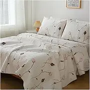 3-Piece Quilt Set Twin Full/Queen Size Cotton Quilted Bedspread Lightweight Coverlet Set Floral Printed Quilted Bedding Set with 2 Pillowcase(White,200x220cm+48x74cm x2)