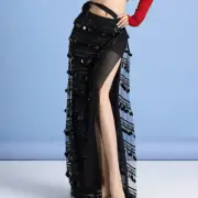Lady Belly Dance Long Skirt Sexy Split Shiny Sequins Fringe Hip Scarf Dancewear