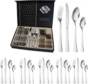 24-Pieces Food-Grade Stainless Steel Flatware Set, Silver Cutlery Set with Steak Knives for 6, Mirror Finish, for Home/Restaurant (Silver, Large Display case)