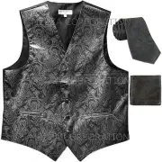 New Men's paisley Tuxedo Vest Waistcoat_Necktie & Hankie Charcoal wedding formal