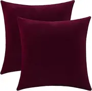 Jeneoo Set of 2 Comfy Soft Thick Velvet Throw Pillow Covers for Sofa Couch Decorative Solid Square Cushion Cases for Bedroom Car (18 x 18 Inches, Burgundy Red)