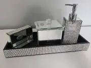 NEW 4Pc BELLA LUX Rhinestone Crystal Mirrored Soap Jar Tray Bath Set Luxury