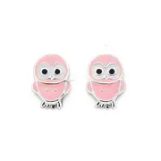 Sterling Silver Pink Enamel Owl Stud Earrings in Pink