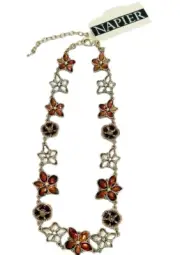 Napier Goldtone Sandollar Floral Faux Amber Clear Crystal Collar Necklace 16"