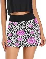 [RPLIFE] Pink Roses Leopart Print Womens Athletic Skort, Short High Waisted Skirts, Mini Skirts Women