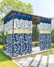 SELINGY Blue Leaf Navy Blue Yellow Grey Outdoor Curtains for Patio Waterproof Grommet Indoor/Outdoor Drapes Sun Shades Light Filtering Privacy Outside Curtains for Porch,Gazebo,Pergola, 54x84 Inch