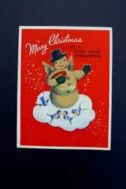 Vintage Unused Glass Beaded Xmas Greeting Card Snowman on Cloud with Bluebirds
