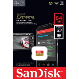 【SanDisk 晟碟】64GB 170MB/s Extreme microSDXC U3 V30 A2 記憶卡(平輸)