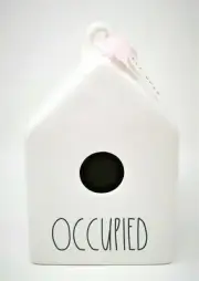 Rae Dunn LL OCCUPIED Glossy White Square Ceramic Birdhouse Pink Ribbon Black