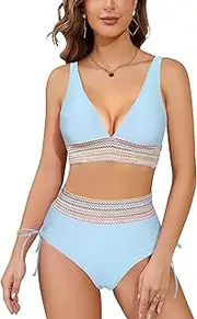 [SHEKINI] Womens High Waisted Bikini Sets 2 Pieces Bathing Suit V Neck High Cut Tummy Control Swimsuit Set Drawstring Swimwear