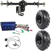 Go Kart Rear Differential Axle Kit with 48V 500W Brushless Motor Gearbox, Controller, Brake Caliper Assembly and Wheels for ATV UTV Quad Dune Buggy 4 Wheeler Tricycle Drift Trike (34" Axle)