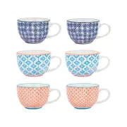 Nicola Spring Patterned Vintage Style Tea Cups, Cappuccino, Coffee - 3 Designs, 250ml - Set of 6