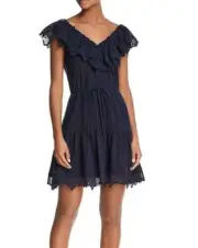 Rebecca Taylor Womens Dress sz 4 Navy Mariana Ruffle Embroidered NWT $375