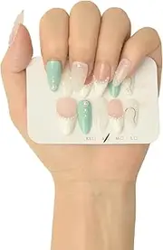 Handmade Press On Nails, Thick Acrylic and Muti-Layer Gel False Nails, Medium Almond Fake Nails Reusable Kits for Women Nail Art Nude Pearl & Leaf Inspired Design (Forest Elves Collection,S)