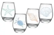 Ocean Themed Stemless Wine Glasses, Set of 4 Seashore Glassware - Sea Turtle,