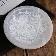 JIC Gem Etched Selenite Bowl Moroccan Selenite Crystal Stone Bowl Healing Crystals Charging Plate Round Engraved Mandala 3.5-4 inch