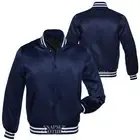 Men's Navy Blue Full-snap Satin Bomber Style Baseball Letterman Varsity Jacket