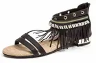 French Blu Spirit Black Open Toe flat Fringe Gladiator cushion Sandals MSRP $89