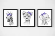 3 x A4 Nursery/Baby Wall Prints Safari Animals Monochrome Elephant Lion Zebra
