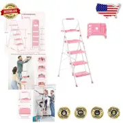 Portable Pink 4-Step Ladder - Anti-Slip Safety, Tool Tray & 400lbs Load Capacity