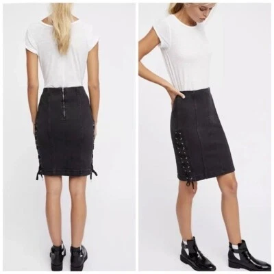 NEW Free People Black Wash Mob Wife Side Lace Denim Pencil Skirt Sz 2