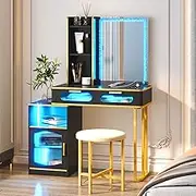 Dystler Vanity Desk with Mirror and Lights for Women, Makeup Vanity with Wireless Charging, Dressing Table with Lighting Mirror for Bedroom (Black)