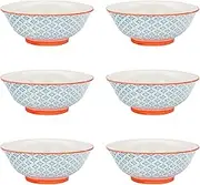 Nicola Spring Serving Bowl - Blue - 20cm - Pack of 6 - Hand Printed Porcelain Patterned Dish Bowls for Pasta, Noodles, Salad, Ice Cream Dessert, Snacks