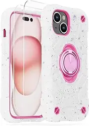 KCJ Compatible with iPhone 15 Case with[2×Screen Protectors][Ring Stand] Soft Silicone+Hard PC Full Body Protection Phone Shell Durable Rugged Full Protective Phone Case - 6.1 inch (Bingo Color)