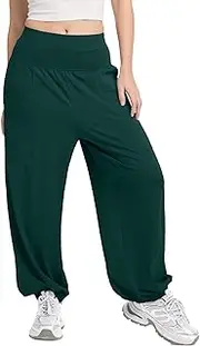[Mintreus] Women's Harem Pants, High Waist Boho Palazzo Trousers with Front Pockets Summer Hippie Pants 2025, Dark Green, Medium