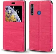 [Shantime] Viewable Window Leather Flip Case Compatible with Tecno Camon 12, Elegant Design Clear Display Invisible Magnetic Cover and Card Slot(Rose Red)