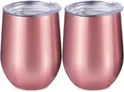 JIUSEGE 2 Pack Stainless Steel Stemless Wine Glasses, Double Wall Insulated with Lid, 12 ounces, Rose Gold, 7.9cm(L)X11.8cm(W), Home, Office, School, Outdoor Activities, Cold Drinks