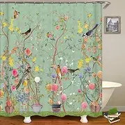 Shower Curtain, Green Bird Floral Leaf Shower Curtains, 180x180cm (71x71Inch) Waterproof Bathroom Curtains with 12 Hooks, Shower Curtains for Bathroom Wet Room Tub