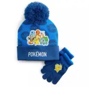 POKEMON PIKACHU NINTENDO Knit Hat & Gloves Set Cuffed Winter Pom Beanie NWT $25