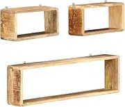 3 Piece Wall Cube Shelf Set - Solid Mango Wood Bathroom Storage, Floating Shelves with Unique Grain Patterns, Non-Assembly, Modern Decor in Brown & Golden Streaks, Large & Small Sizes