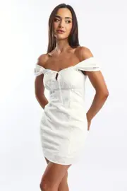 White Mini Dress Ribbon Detail Eyelet Fabric - Size 16XL, Women's Skater Dress