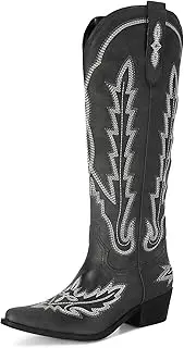 [STALOV] Cowboy Boots for Women,Western Pointed Toe Chunky Heel Pull-On Knee High Cowgirl Boots Fashion Embroidered Tall