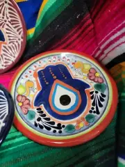 Plato De Talavera Mano De Fatima / Hamsa Hecho A Mano De Mexico