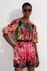Petite Voile Mirrored Floral Woven Bardot Playsuit