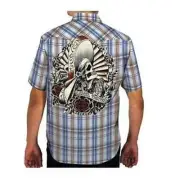 Lucky 13 Suerte Western Plaid Skull Punk Button Down S/S Shirt M
