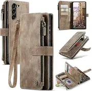 [UEEBAI] Wallet Case for Samsung Galaxy S23 Plus 5G, Premium Handmade Durable Leather Phone Case, Card Slots Zipper Case with Magnetic Closure Kickstand Flip Case with Hand Strap - Vintage Brown